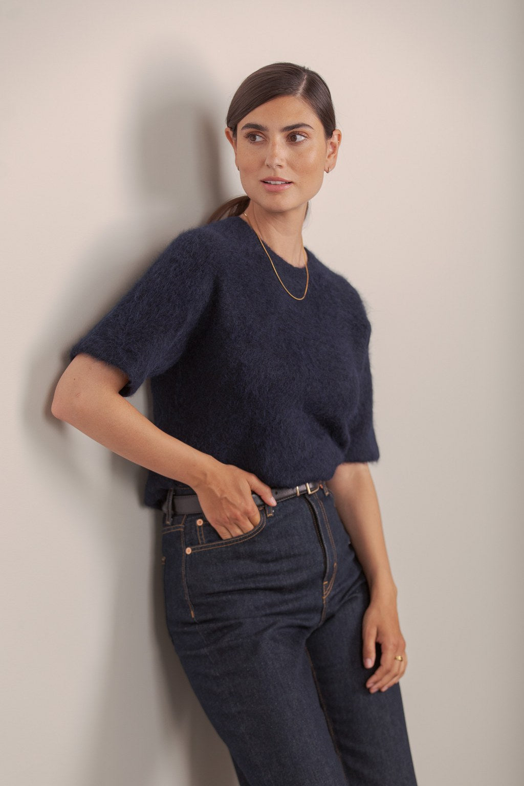 Short-sleeved alpaca blend sweater, Dark navy