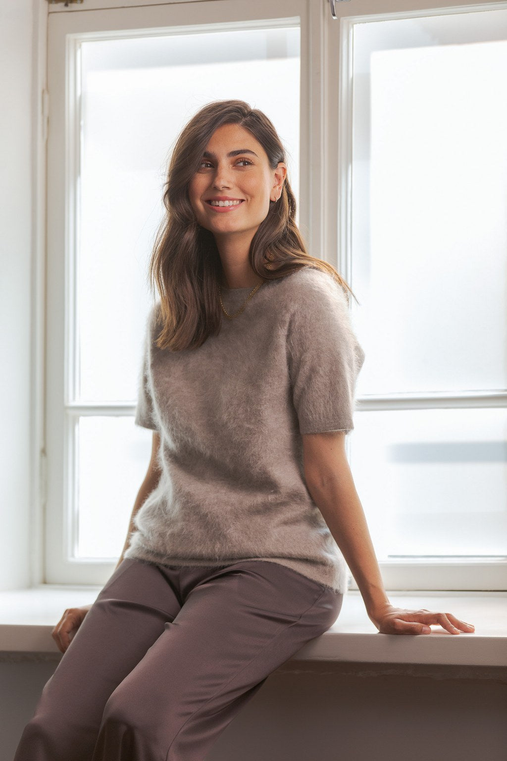 Short-sleeved cashmere sweater, Greige