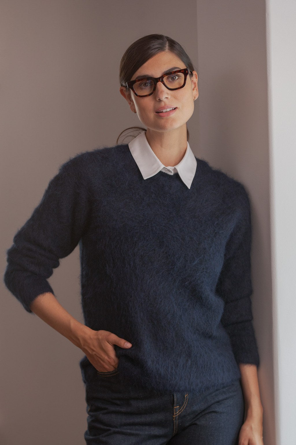 Long-sleeved alpaca blend sweater, Dark navy